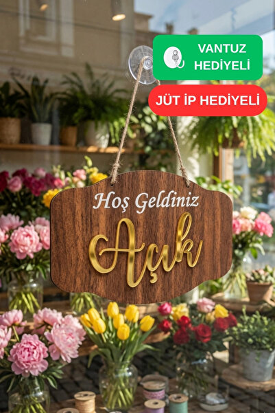 Kutaydan 3D Wooden Open-Closed Sign with Gold Plexiglass Detail - Walnut