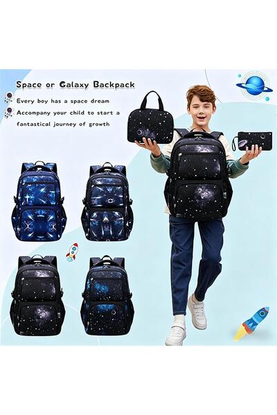 Pomefar Lightweight 3PCS School Bag for Boys, Water Resistant School Backpack with Lunch & Pencil Case