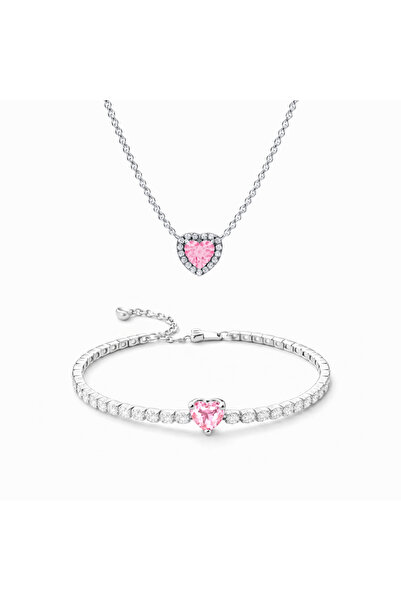 Novvu Ασημένιο σετ κοσμημάτων με ροζ καρδιά, με βραχιόλι και κολιέ
