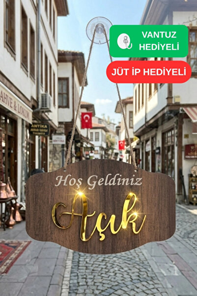 Kutaydan 3D Wooden Open-Closed Sign with Gold Plexiglass Detail - Tesbih