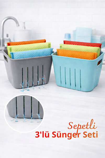 grimorlife Sepetli 3 Lü Bulaşık Süngeri Seti – Drenajlı Düzenleyici, Hijyenik...