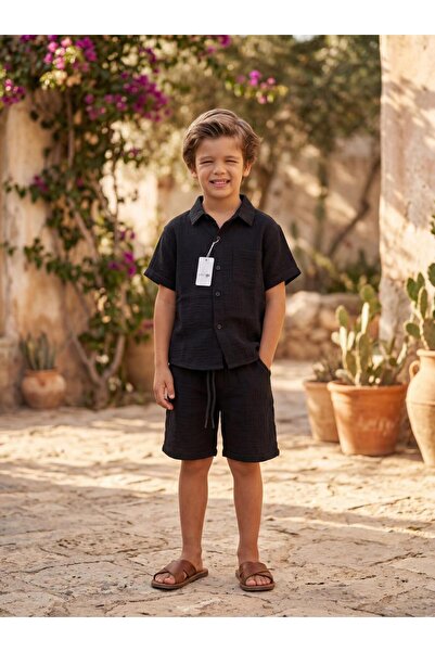 Hazhers Αγορίστικο καλοκαιρινό σετ πουκάμισο και σορτς από ύφασμα μουσελίνας ...