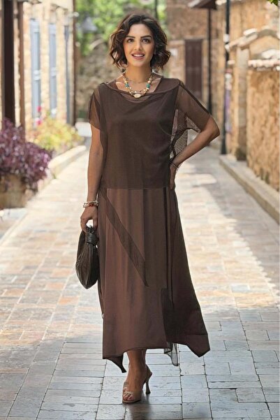 Nevin Kaya Moda Καφέ φόρεμα με διχτυωτή μπλούζα