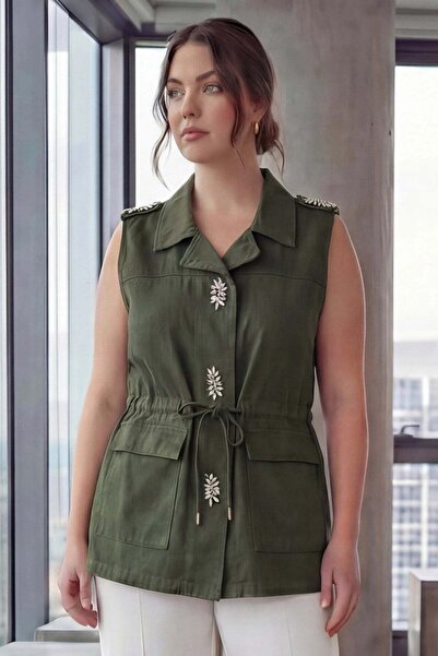 RMG Γυναικείο Πέτρινο Γιλέκο Μεγάλου Μεγέθους με Λεπτομέρεια Δαντέλας στη Μέσ...