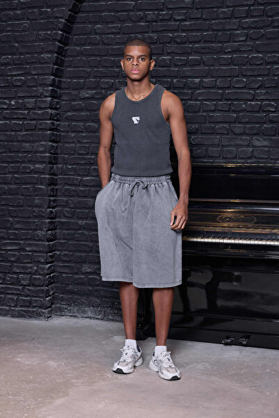 QUİCKPREP Acid Wash Oversize Jorts / Baggy Şort Açık Gri