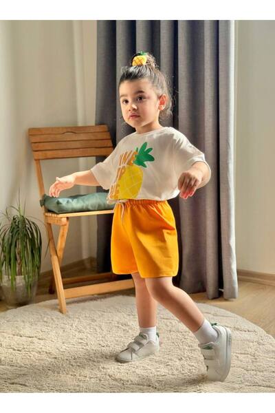 CHİCKİDSWEAR Κοριτσίστικο σετ σορτς με στάμπα ανανά, καλοκαιρινό άνετο βαμβακ...