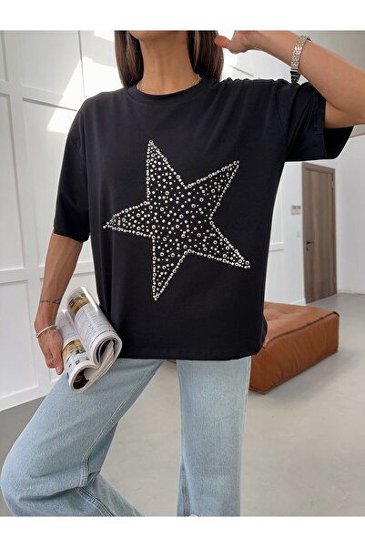 yeditepe fashion Μπλουζάκι με στάμπα Star Stone, Oversize, με άνετη εφαρμογή