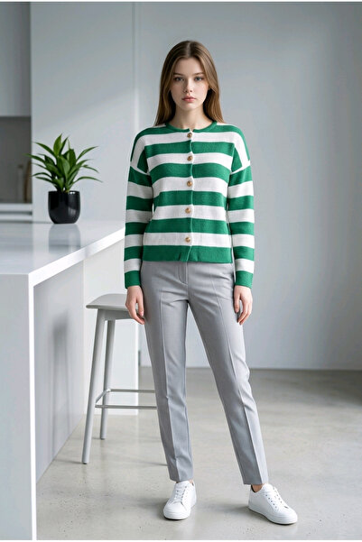 Fix Modalife Women's Striped Crew Neck Gold Buttoned Knitwear Knitted Cardiga...