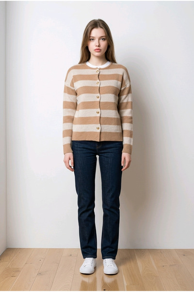 Fix Modalife Women's Striped Crew Neck Gold Buttoned Knitwear Knitted Cardiga...