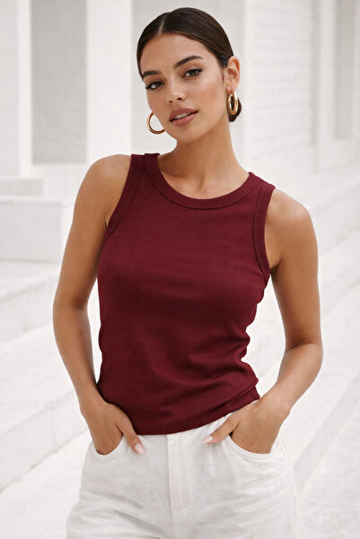 Rich Γυναικείο Σκούρο Μπορντό 100% Βαμβακερό Καμιζόλ με Μηδενικό Μανίκι και Λ...