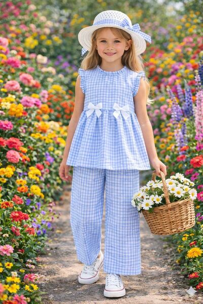KOZADANKIDS Kız çocuk pötikareli takım-şapkalı yazlık 3 lü set