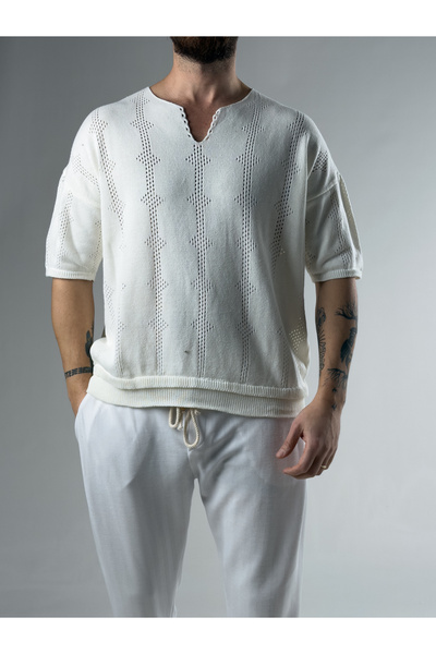 COCOPELLI Ανδρικό Πλεκτό Μπλουζάκι Εκρού Σχεδιασμού COCK0093