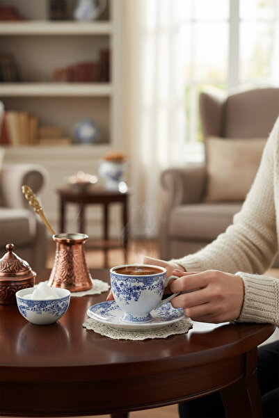 Akayev Vintage 2li Porselen Kahve Fincan Seti Mavi