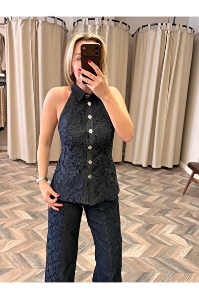 LOKADI Dantel İşlemeli Denim İkili Takım - Halter Yaka Yelek Pantolon Kot Set