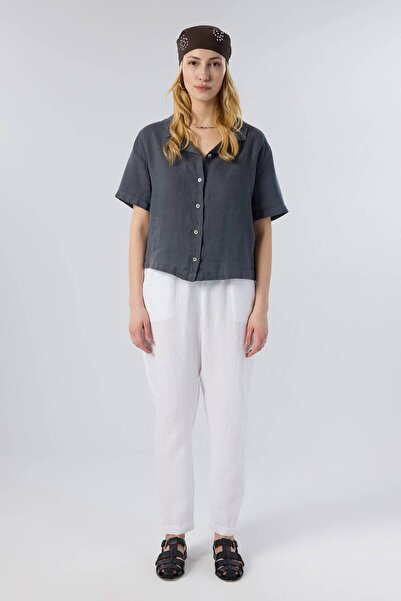 İpekçi Otantik Short Sleeve Linen Women's Shirt Anthracite