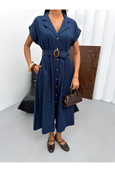 Ekim Store Λινό μάξι φόρεμα με ζώνη και κουμπιά σε όλο το μήκος