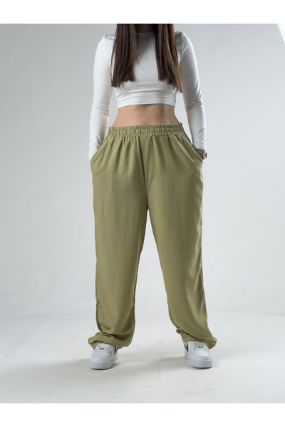 COCOPELLI Γυναικείο φαρδύ παντελόνι από λινό χακί COCK0019