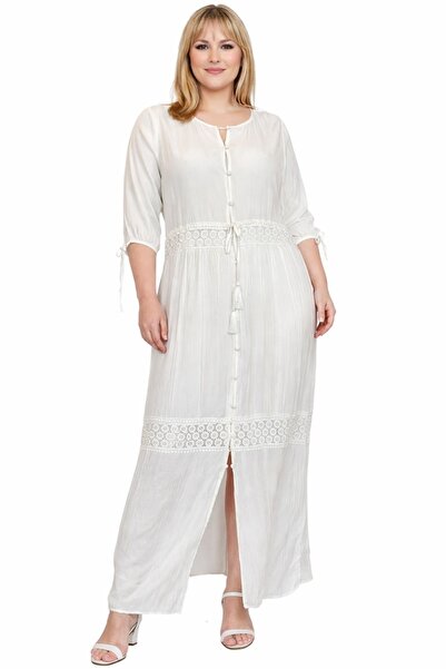 EVEN plus size Pamuk İçerikli Viskon Üzeri Şerit Güpür İşleme Detaylı Büyük B...