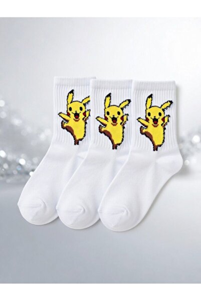 TENNA TR Pikachu Baskılı PamukluBeyaz Çorap 3 Çift