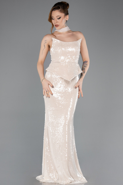 Abiyefon Bej Straplez Yaka Peplum Kesim Uzun Pul Payet Abiye ABU5721
