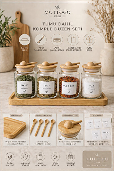 Mottogo Glass Spice Jar Set with Bamboo Lid and Spoon, 4-Piece 300 ml – Kitch...
