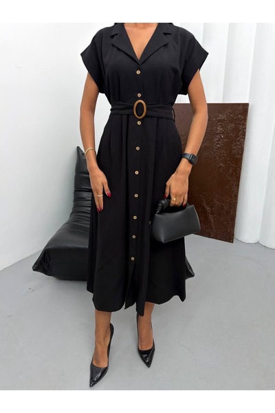 Ekim Store Λινό μάξι φόρεμα με ζώνη και κουμπιά σε όλο το μήκος