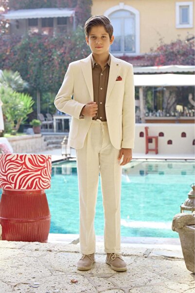 BUTİKHAPPYKİDS Αγόρια Κρεμ Λινό Κοστούμι Κρεπ Μπλέιζερ Σακάκι Παντελόνι Βαμβα...