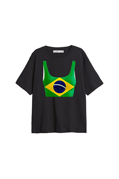 CİNEMA MODA Γυναικείο μπλουζάκι Brasil Crop με στάμπα, σε χαλαρή γραμμή, μαύρο