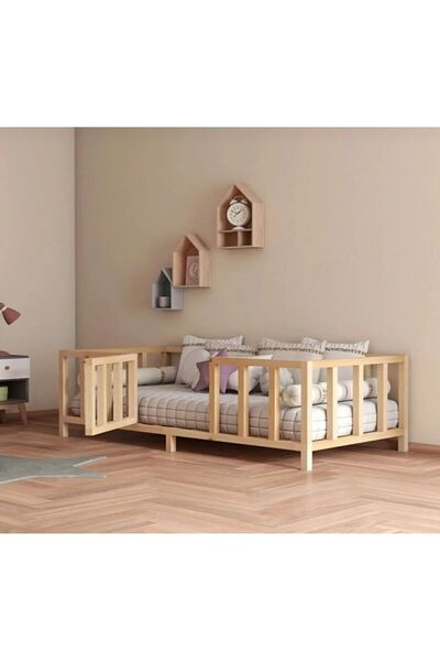 WOODENSA Montessori Model Yatak 100x200 Doğal Ahşap Çocuk Yatak Karyola Kapısız