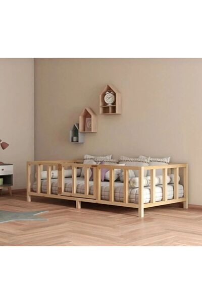 WOODENSA Montessori Modeli Yatak 80x160 Doğal Ahşap Çocuk Yatak Karyola Kapılı