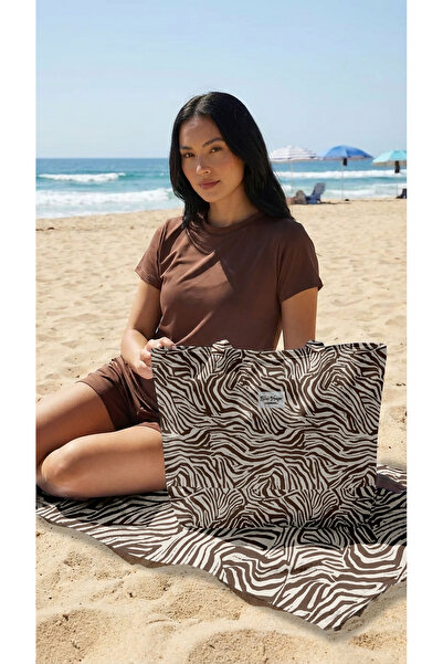 Miami Beach Zebra Desenli Kahverengi Krem Parçalı Kendinden Saplı Astarlı Kad...