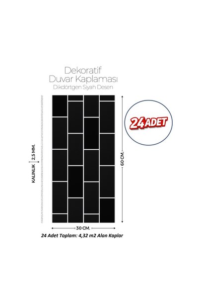 Brano 30X60 cm Kendinden Yapışkanlı Duvar,banyo,tezgah Arası Siyah Tuğla Dese...