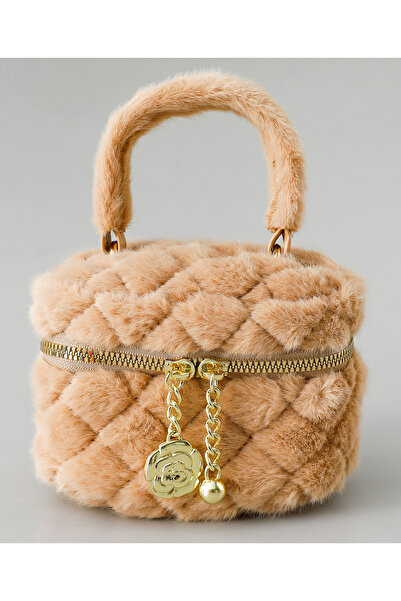 Mark & Mia Sling Bag with Quilted Faux Fur & Gold Charm Accent - Light Brown