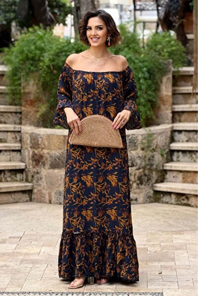 Nevin Kaya Moda Ιταλικό φόρεμα σε μπλε ναυτικό χρώμα με γιακά Carmen από χαλκό