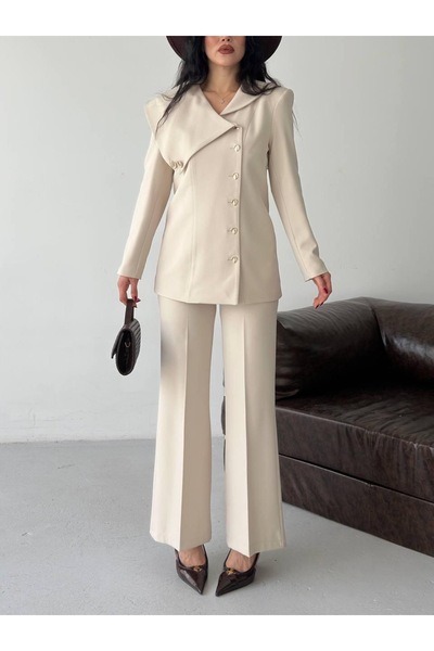 Ekim Store Turn-Down Collar Gold Buttoned Blazer Jacket and Trousers Two-Piec...