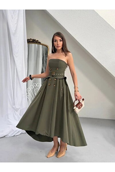 Butikcadde Straplez Bel Kemer Detay Elbise Haki