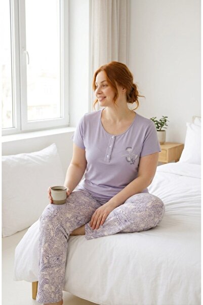 bie's Γυναικείο σετ πιτζάμες με κοντό μανίκι, μωβ, μεγάλο μέγεθος, με λουλουδ...