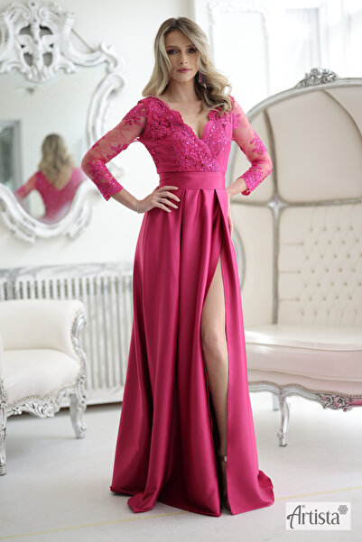 Artista Κομψό μακρύ φόρεμα με δαντέλα και σκίσιμο στο πόδι