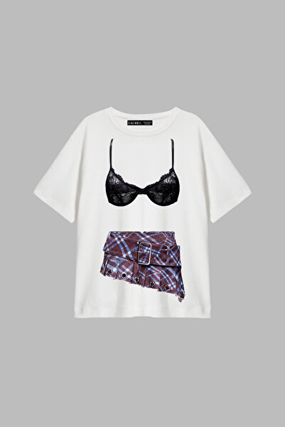 Bak Moda Καρό Φούστα με Στάμπα, Άνετη Γραμμή, Λευκό Γυναικείο Μπλουζάκι