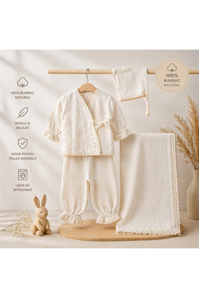 Bebelul Σετ νεογέννητου 3 τεμαχίων από κρεμ μουσλίνα, που περιλαμβάνει μία κο...