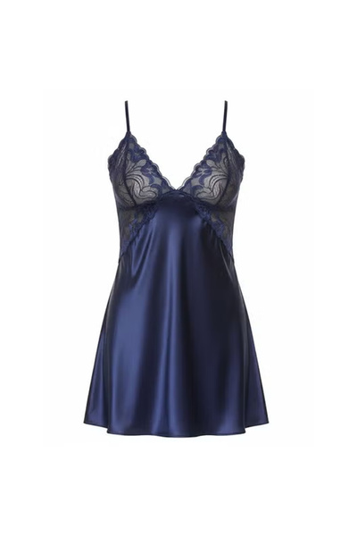 ZCM-HAPPY Elegant Lace Floral V-Neck Hollow Out Lingerie Nightdress Set – Blue