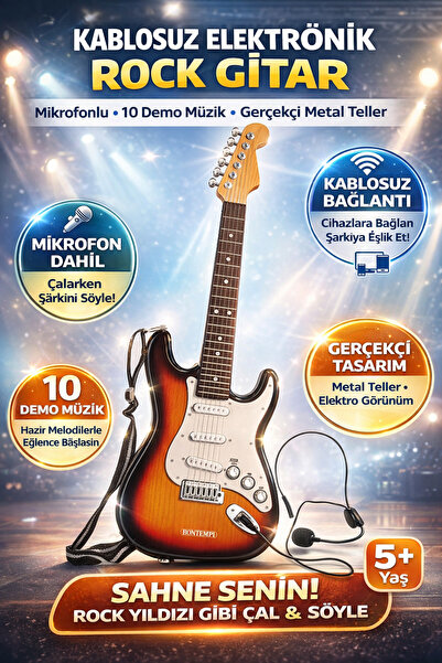 YILDIRIM OYUNCAK Kablosuz Wireless Elektronik Rock Gitarı Mikrofonlu – 10 Dem...