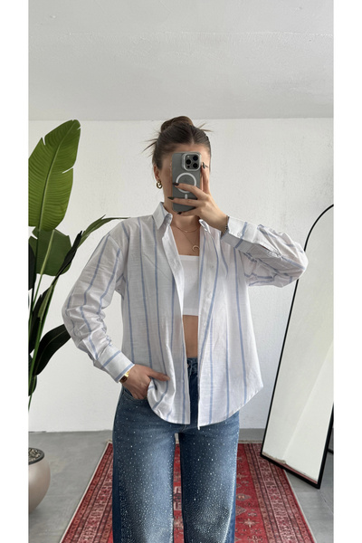 asfamoda Women's Thick Blue Striped Oversize Waist Speed Loose Cut Long Sleev...