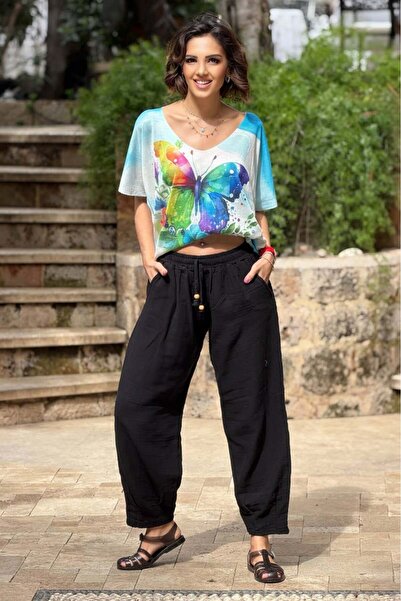 Nevin Kaya Moda Μαύρο παντελόνι μουσελίνας με πιέτες στο τελείωμα