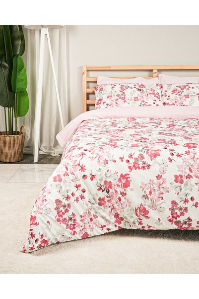 Rasel Tekstil Flower World Cotton Double Red Duvet Cover Set with Elastic Sheet 200X220 cm Red