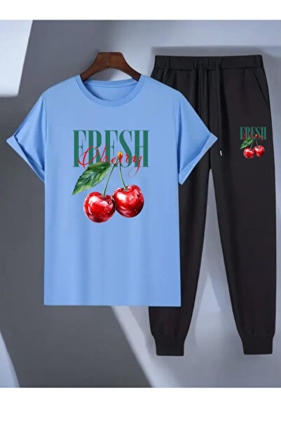 Nivorix بنطلون رياضي وتي شيرت مطبوع من FRESH - طقم رياضي بياقة دائرية