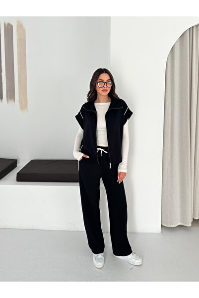 winmoda Γυναικείο σετ γιλέκου από ύφασμα Modal με φερμουάρ, με φαρδιά μπατζάκ...