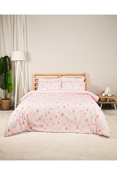 Rasel Tekstil Angel Cotton Double Floral Duvet Cover Set with Elastic Sheet 200X220 cm Pink