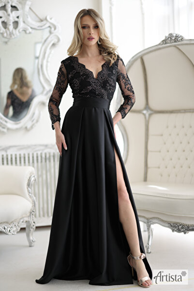 Artista Κομψό μακρύ φόρεμα με δαντέλα και σκίσιμο στο πόδι