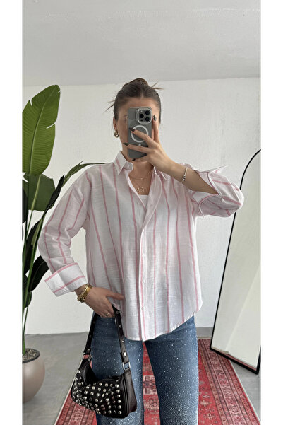 asfamoda Women's Thick Pink Striped Oversize Waist Speed Loose Cut Long Sleev...